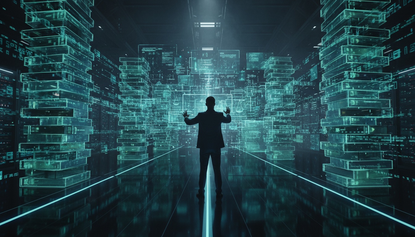 Juriste de dos face à des colonnes de documents holographiques dans un espace numérique
