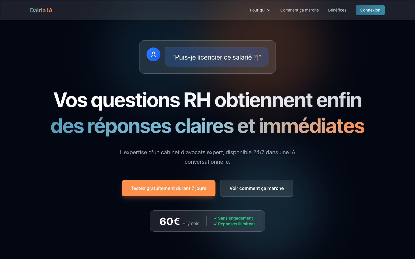 Capture d'écran de Dairia IA, IA juridique spécialisée en droit social
