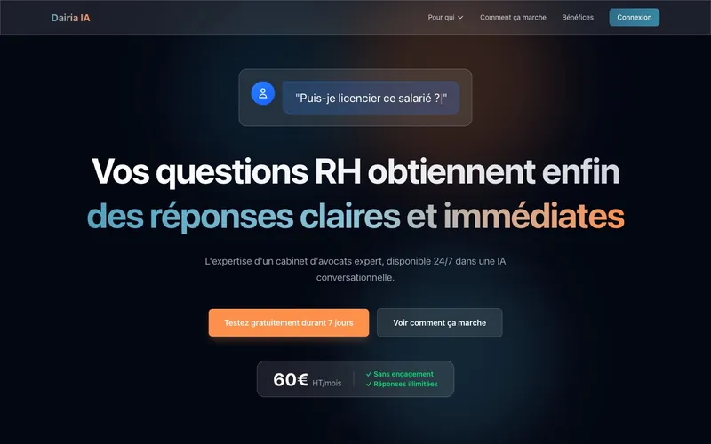 Capture d'écran de Dairia IA, IA juridique spécialisée en droit social