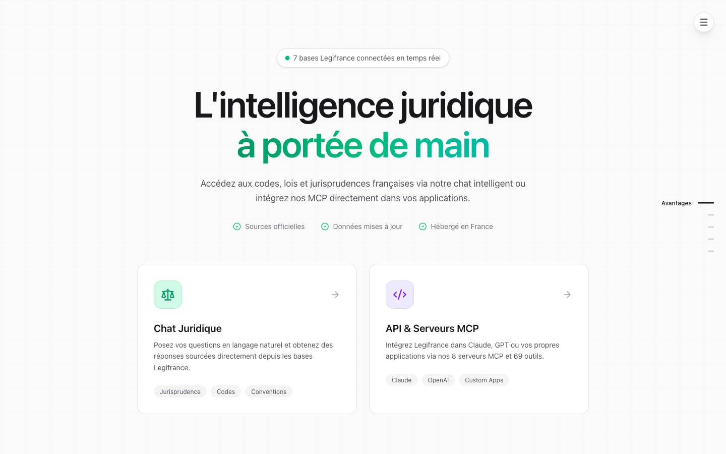 Capture d'écran de MCP Factory, infrastructure IA juridique open data