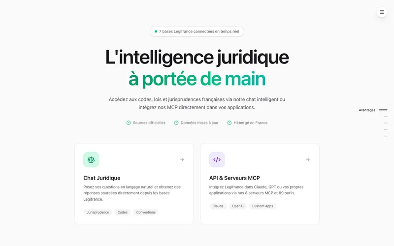 Capture d'écran de MCP Factory, infrastructure IA juridique open data