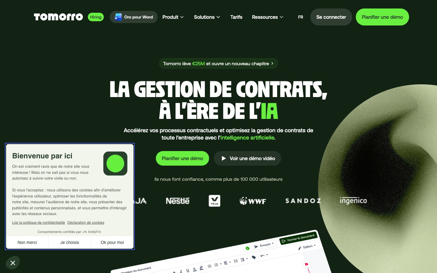 Capture d'écran de Tomorro/Oro, IA juridique de gestion de contrats