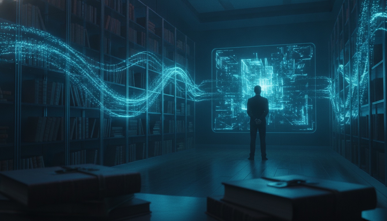 Avocat de dos face à une architecture de données lumineuse dans une bibliothèque juridique