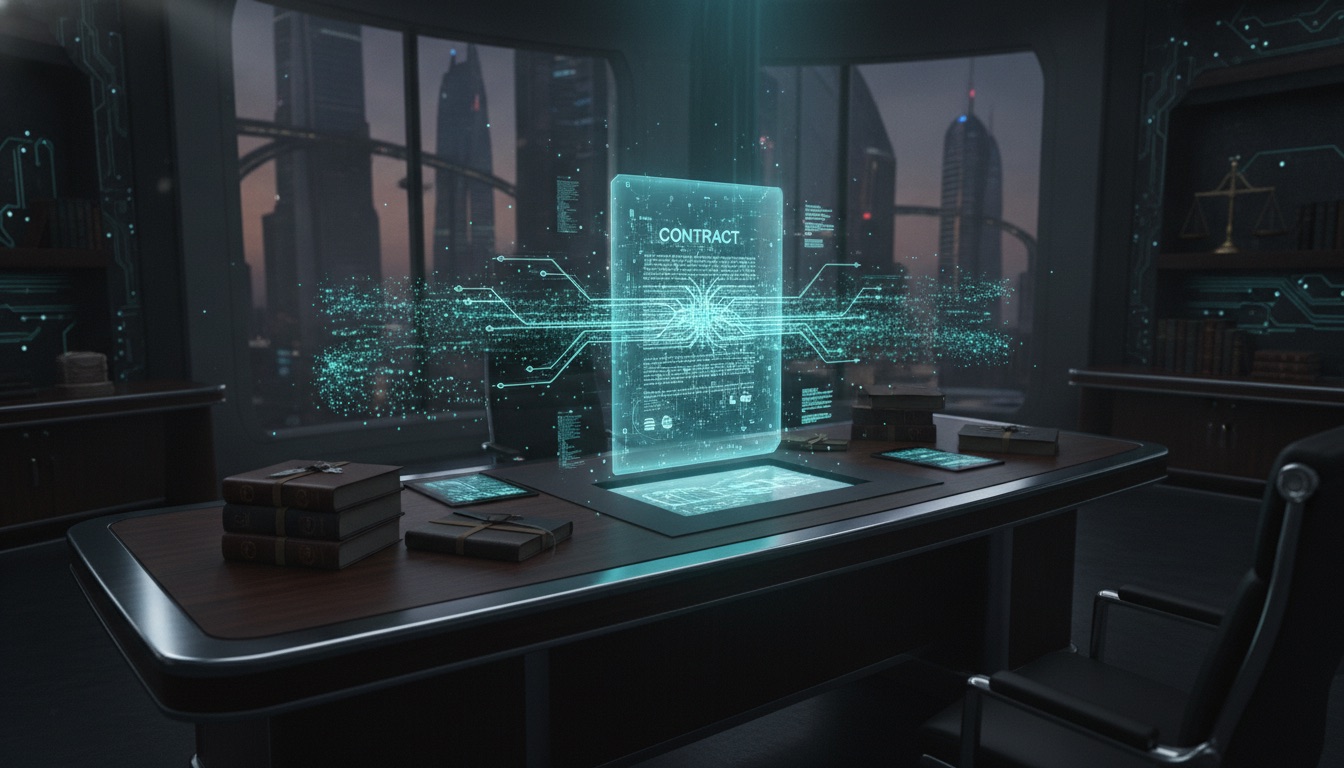 Bureau d'avocat futuriste avec un contrat affiché en hologramme et des flux de données lumineux