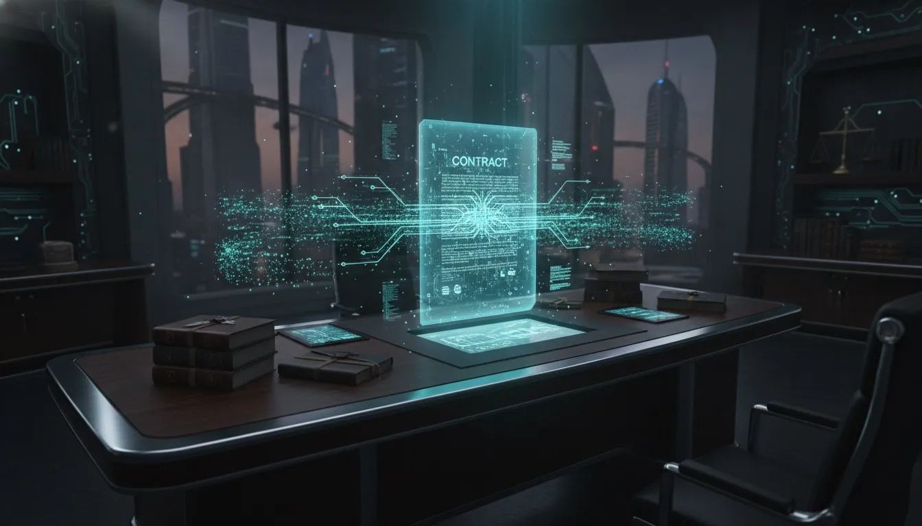 Bureau d'avocat futuriste avec un contrat affiché en hologramme et des flux de données lumineux