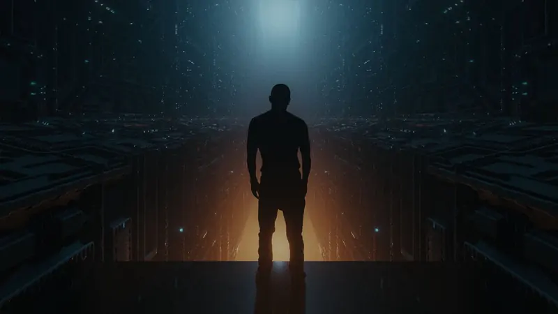 Silhouette anonyme de dos au bout d'un couloir de serveurs, éclairée par un faisceau lumineux