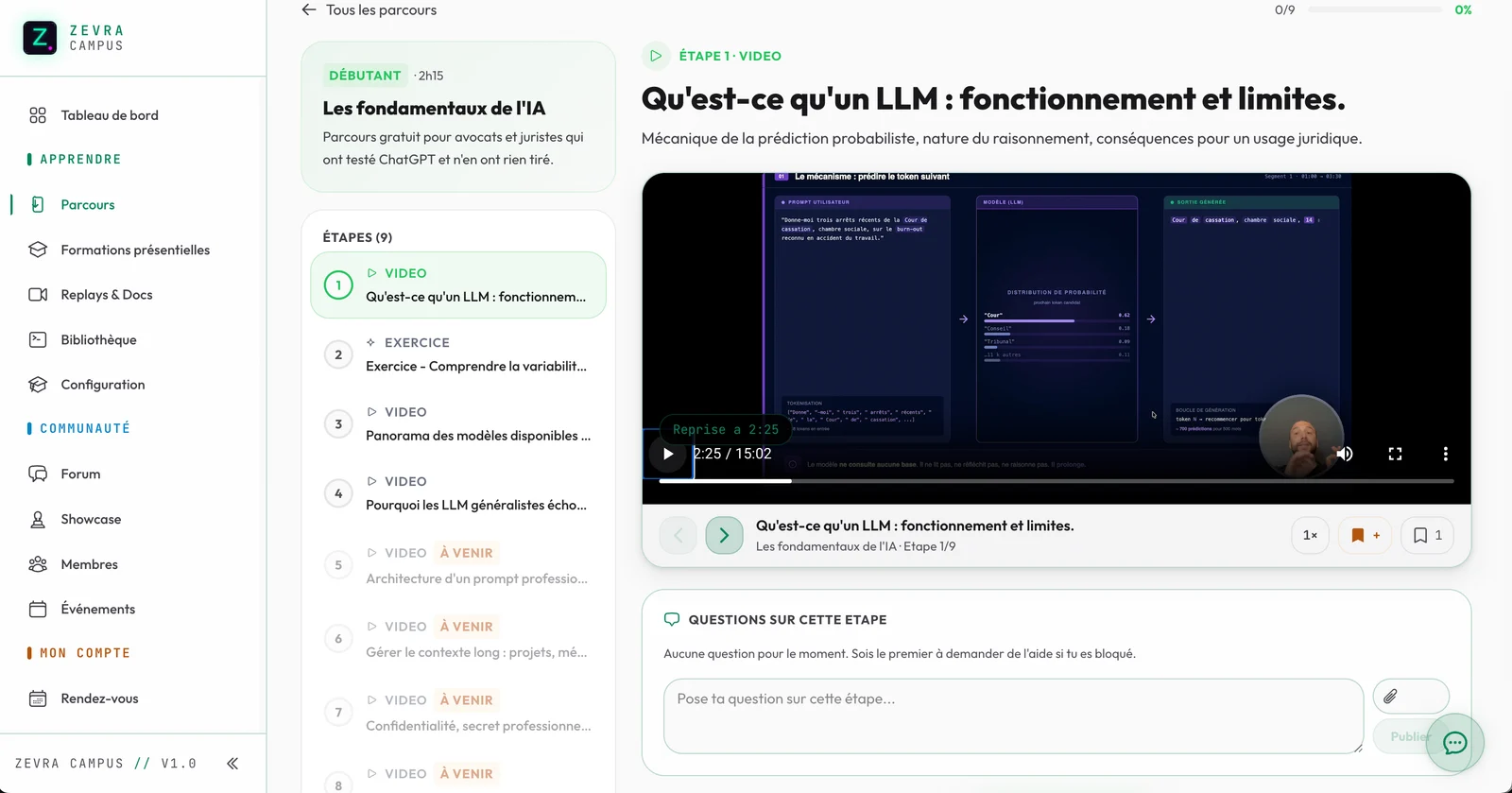 Preview of the "The AI Fundamentals" track in the Zevra Campus space: navigation sidebar, list of the 9 steps, video player with the current capsule.