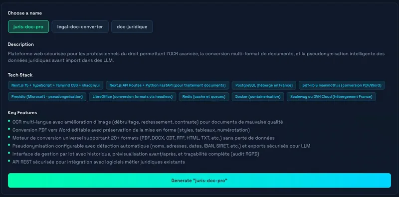 Configuration automatique du projet — tech stack et features