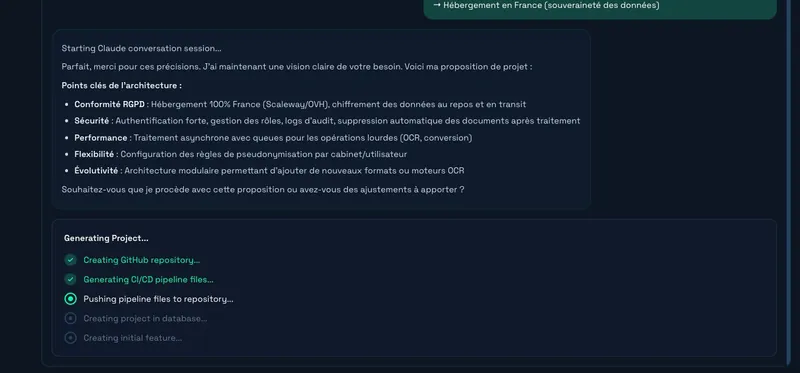 Génération automatique — repo, CI/CD, base de données