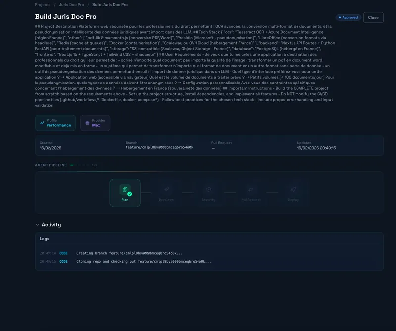 Agent Pipeline — Plan, Developer, Security, Pull Request, Deploy