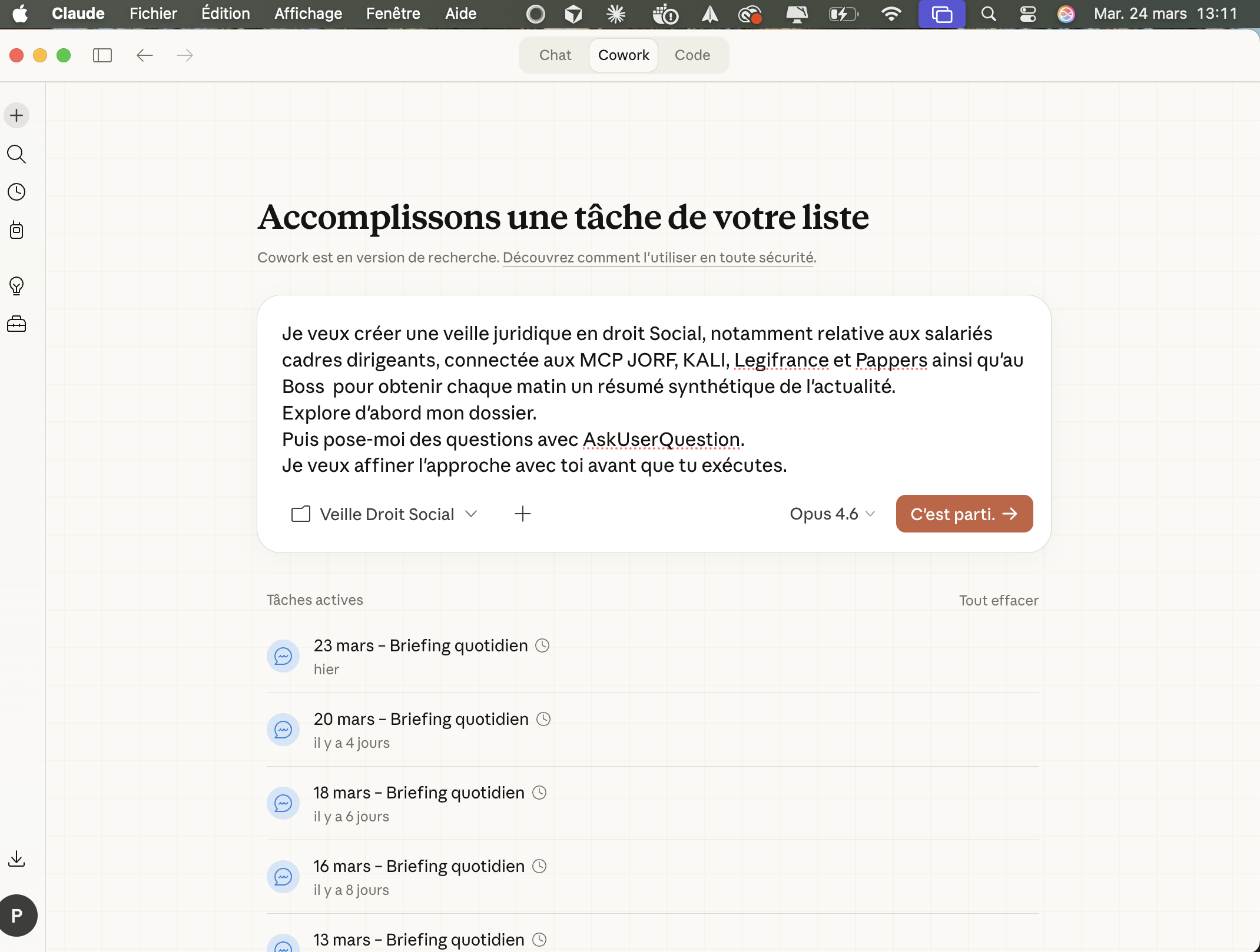 L'interface Claude Desktop avec les onglets Chat, Cowork et Code