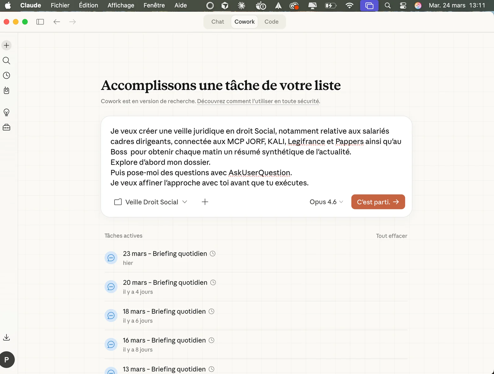 The Claude Desktop interface with the Chat, Cowork and Code tabs