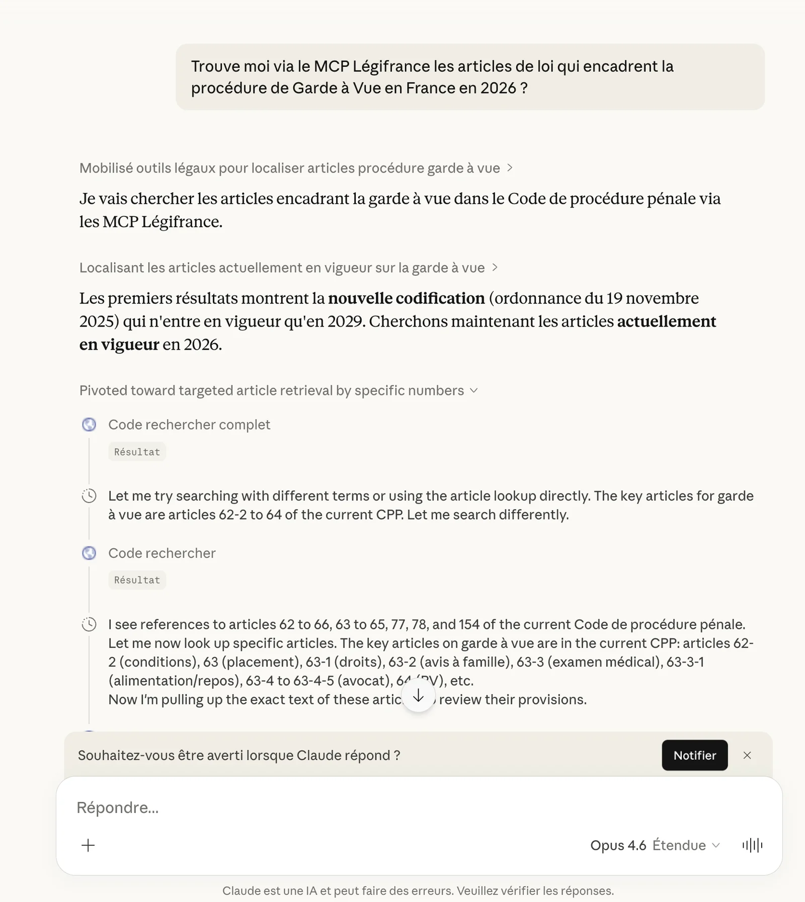 Claude queries Légifrance via the MCP to find statutory articles in real time