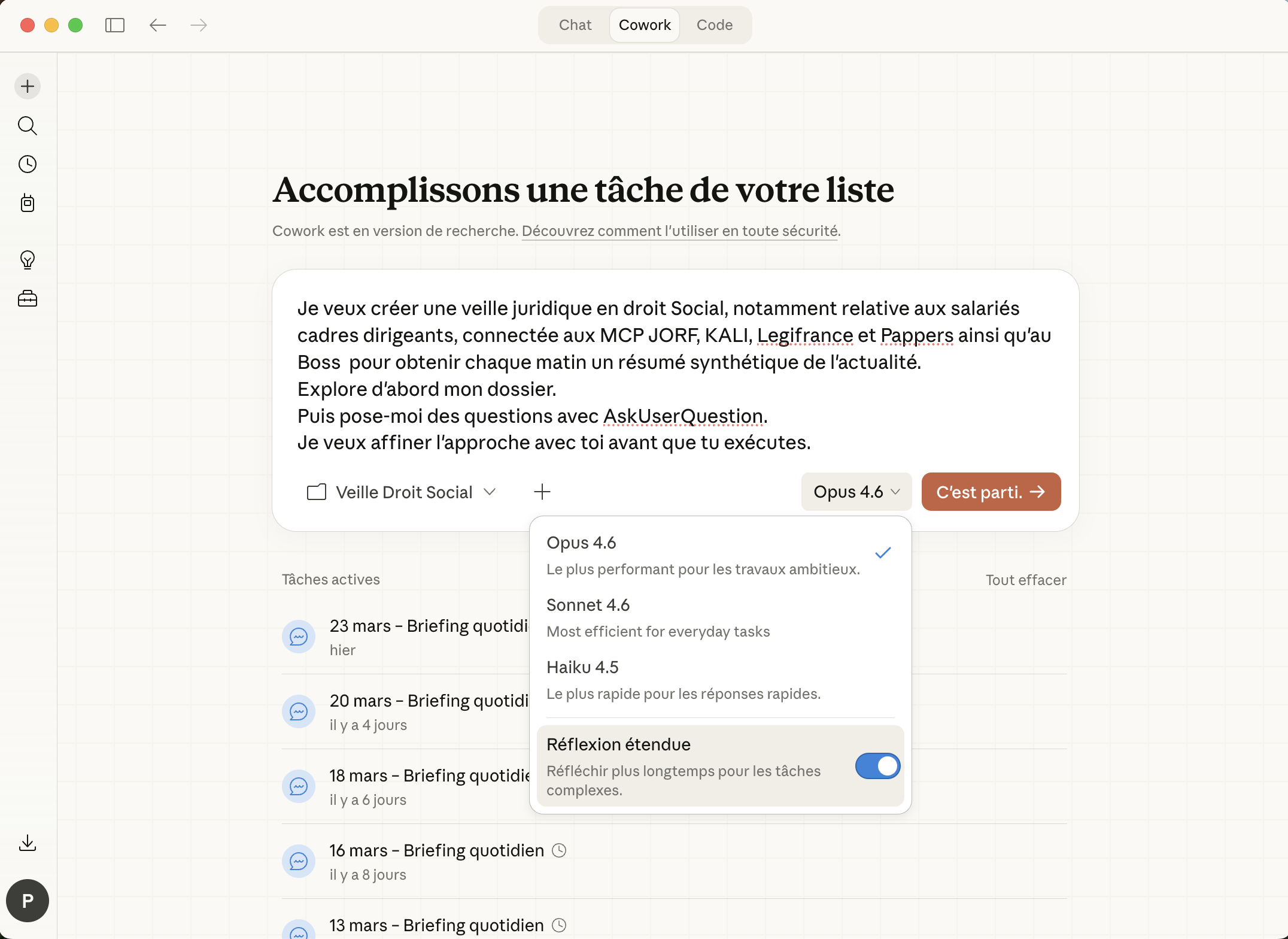 Sélection du modèle Opus 4.6 avec Réflexion Étendue activée
